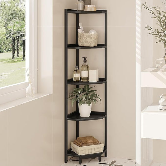 Hzuaneri Corner Shelf Stand, Corner Bookshelf, Storage Standing Shelf Unit with Metal Frame, Plant Stand, Bookcase for Living Room, Home Office, Bedroom, 5-Tier Black CS05906B