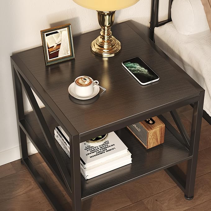 End Table with Charging Station, 20 Inch Square Printer Stand with USB Ports & Power Outlets, Mini Fridge Stand with 2-Tier Storage Shelf Adjustable, Industrial Wood Nightstand for Small Spaces, Black