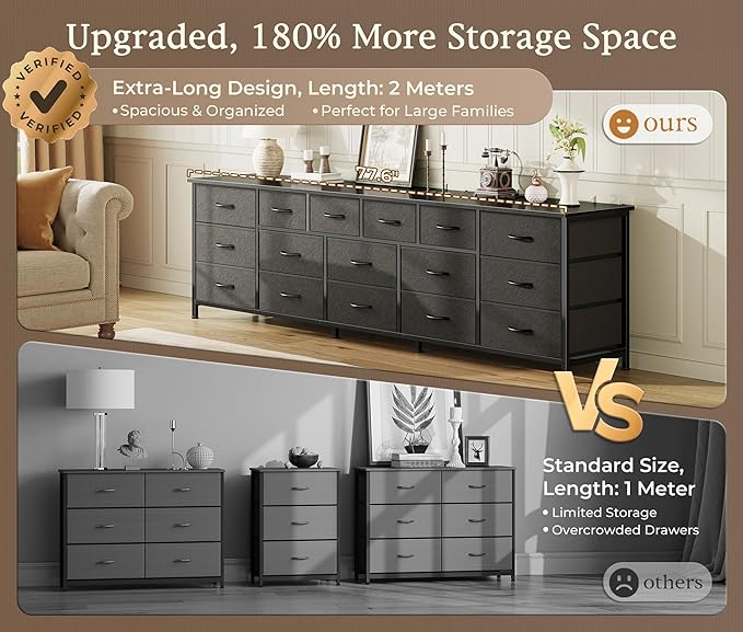 Huuger 77.6" Long Dresser for Bedroom, 16 Drawer Fabric Dresser for Closet, Wide Chest of Drawers with Storage, TV Stand for 65, 75, 85 Inch TV, 77.6" W x 12.9" D x 26.7" H, Black