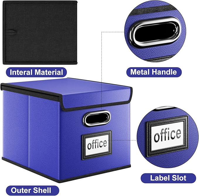 Decorative Leather File Organizer Storage Boxes with Lids Set of 4, Document Boxes Organizer, Filing Boxes, Decorative Small File Boxes for Hanging Files, File Cabinet for Office/Home - 4 Pack