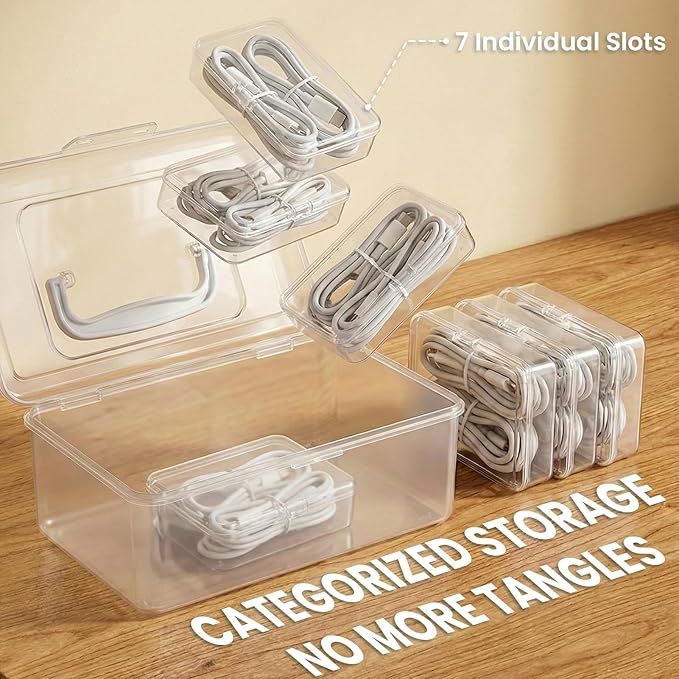 Portable Cord Organizer Box with Handle, 7 Clear Cable Storage Cases and Labels, Travel Cable Holder for Charging Cords, USB Wires, Earphones – Home Desk Drawer Organizer (Type A)