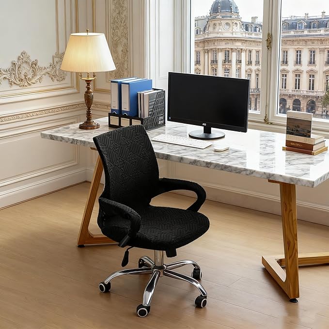 Small Office Chair Cover with Zipper Armrest Cover 18Inch Wide Stretch Black Jacquard Desk Computer Chair Covers with Arm Washable
