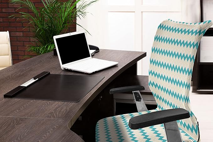 Ambesonne Teal Office Chair Cover, Horizontal Zigzag Lines Chevron Triangles Pattern Simple Classical Geometric Design, Stretchable Decorative Universal Size High Back Printed Slipcover, Cream Teal