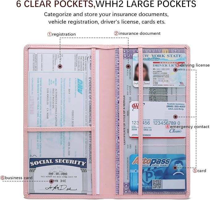Car Registration and Insurance Card Holder for Women Men, Pink Glove Box Paperwork Organizer with Magnetic Buckle for Easy Access and Protect Documents and Various Cards in Vehicle