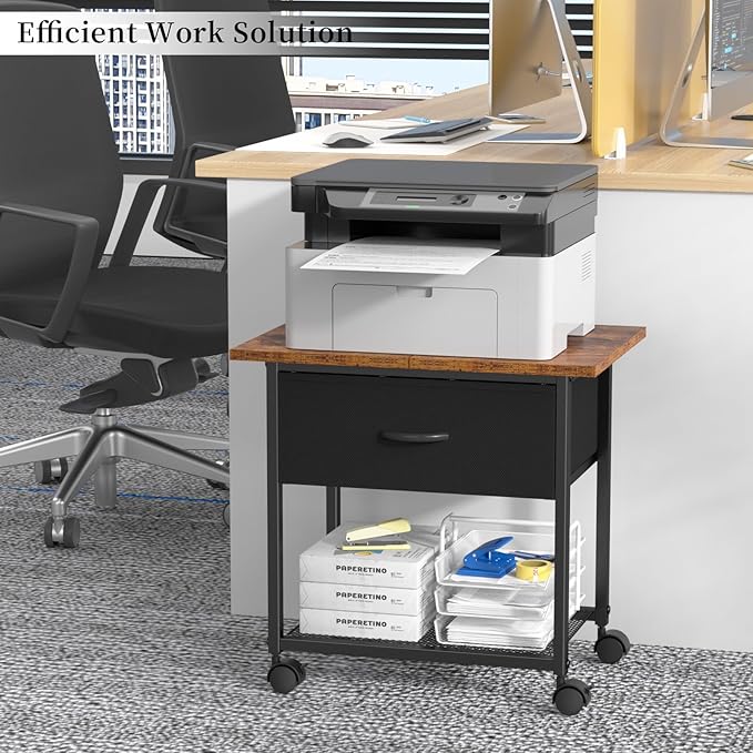 DAOUTIME 2-Tier Printer Stand with Storage Drawer, Under Desk Printer Table with Shelves, Rolling Printer Cart on Wheels for Small Spaces/Home Office, Fits 3D Printer Scanner, Rustic Brown and Black