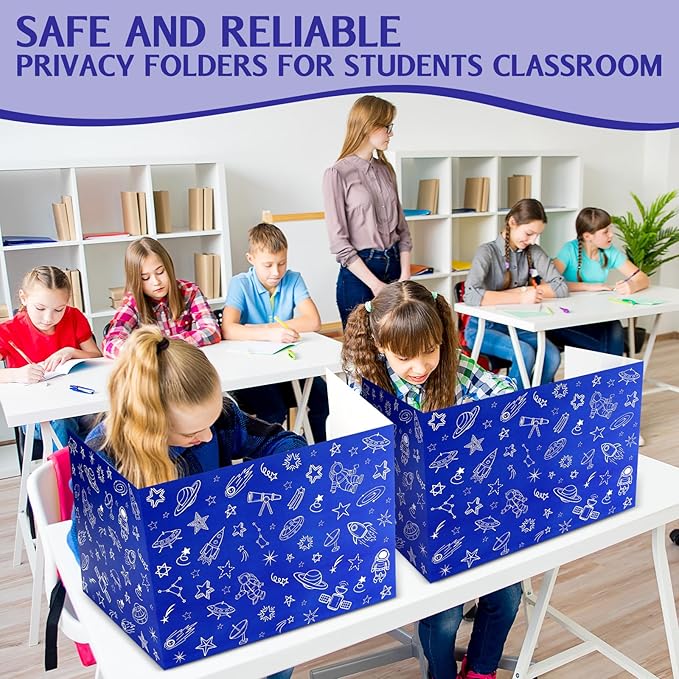 Harloon 24 Pcs Privacy Boards for Student Desk Dividers for Students Cardboard Privacy Folders Classroom Study Carrel Dividers Bulk Folder for Test Reduces Distraction (Blue Space)