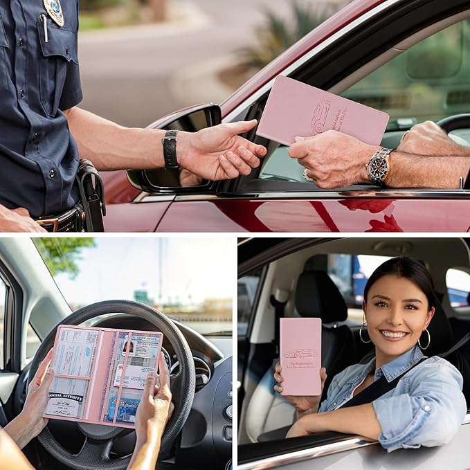Car Registration and Insurance Card Holder for Women Men, Pink Glove Box Paperwork Organizer with Magnetic Buckle for Easy Access and Protect Documents and Various Cards in Vehicle