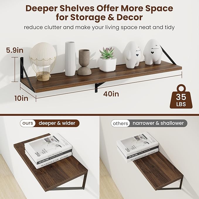 Axeman Deep Floating Shelves | 40 Inch Walnut Wall Shelves Set of 2 | 10 Inch Deep Rustic Wood Shelves for Wall | 40'' W x 10''D Walnut Shelves for Living Room Bathroom Kitchen