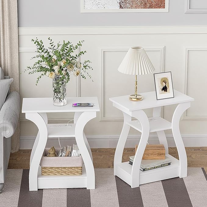 FROMJBEST End Tables Living Room Set of 2,End White Table with Charging Station, Side Table, Nightstand for Bedroom, 3 Tier End Table with Storage Shelf for Living Room White