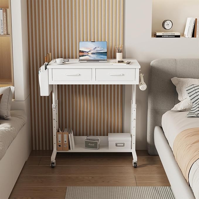 WINAZ Small White Portable Rolling Desk with Drawers & Storage Shelf, 32 Inch Mobile Standing Desk Adjustable Height with Wheels for Home Office, Kids Desks Couch Sofa Side Laptop Craft Table