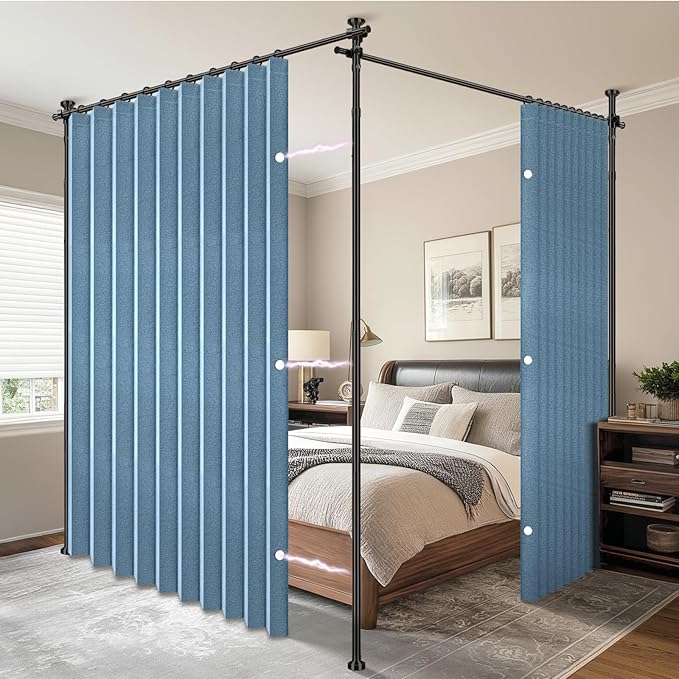 AJAZZ Room Divider Curtain (2 Panels, Blue, W100 x L84 in)+ Tension Curtain Rod No Drilling (H) 43-120×(W) 35-200 in, for Privacy/Soundproof Curtains, Heavy Duty Wall Separator