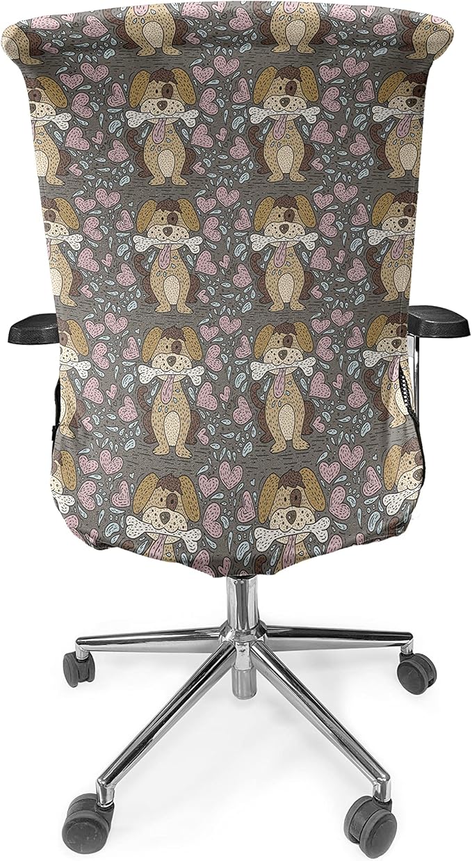 Ambesonne Dog Lover Office Chair Cover, Doodle Pattern of Puppy with Bone and Hearts, Stretchable Decorative Universal Size High Back Printed Slipcover, Taupe Grey