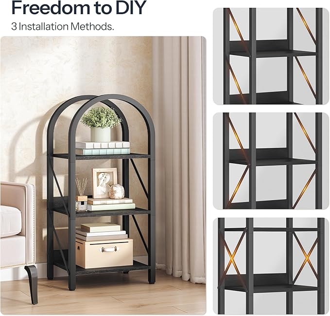 HOOBRO Bookshelf, 3-Tier Arched Bookshelf, Industrial Bookcase with Metal Frame, Book Shelf Storage Organizer for Living Room, Office, Bedroom, Black BB423SJ01