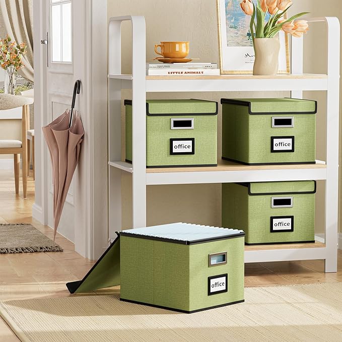 File Organizer Box with Lid, Collapsible File Folder Organizer for Office Document Storage, Filing Box with Plastic Slide for Letter Size Hanging File Folders(1 Pack, Green)