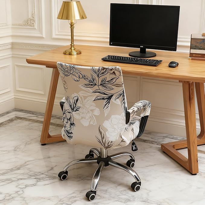 Waterproof Office Chair Cover with Armrest Cover 18Inch Wide Stretch Printed Floral Small Desk Computer Chair Covers with Long Zipper Arm Slipcovers Washable