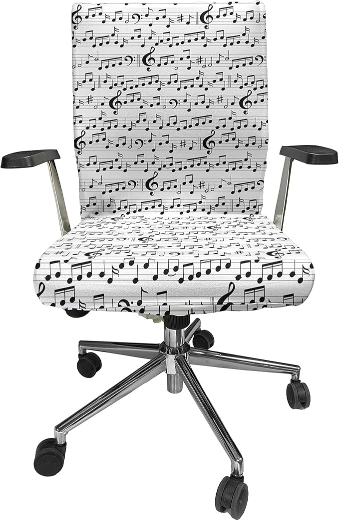 Ambesonne Music Office Chair Cover, Abstract Style Professional Pattern Notes and Clef Sheet Play Writing Print, Stretchable Decorative Universal Size High Back Printed Slipcover, Black and White