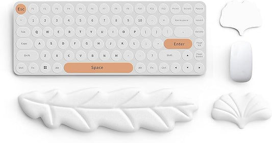 Keyboard Wrist Rest Pad Set, Leaf Shape PU Leather Memory Foam Wrist Cushion Support,Mouse Wrist Rest Pad,Non-Slip Wrist Support for Easy Typing Pain Relief, White Leaf