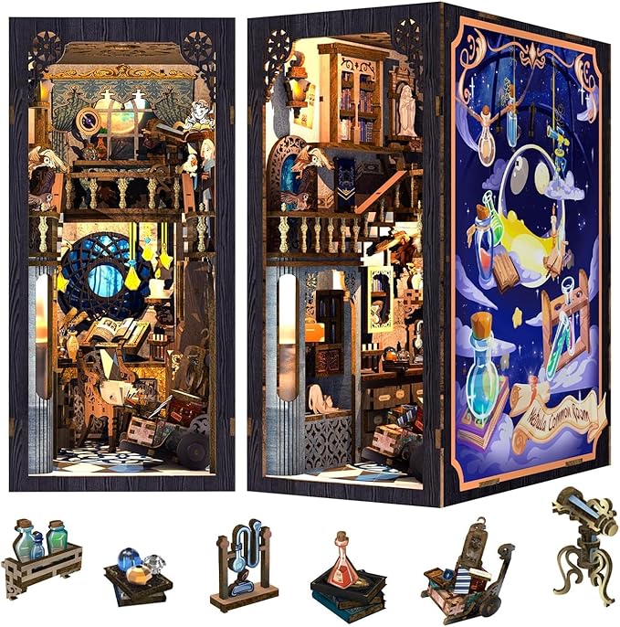 Fsolis Book Nook Kit, Bookshelf 3D Wooden Puzzles for Adults DIY Booknook Miniature Decorative Bookends with Light and Dust Cover Gifts for Women Readers Book Lovers (Nebula Common Room)