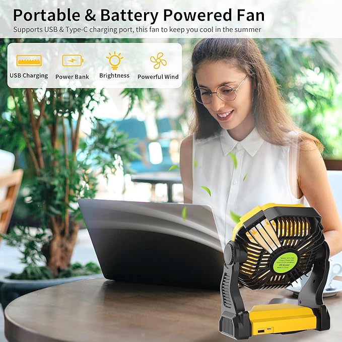 TDLOL Portable Camping Fan Cordless Battery Powered，270° Rotating Portable Battery Operated Rechargeable Fans, 360° Hanging Hook, USB Personal Outdoor Camping Fans for Tents,Travel X23 Yellow