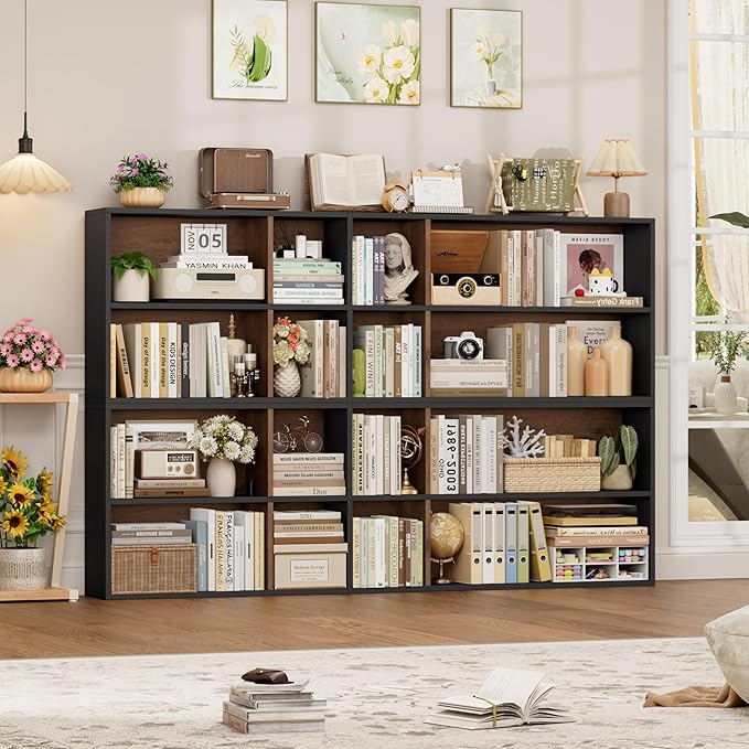 FOTOSOK 71'' Tall Bookshelf with 14 Cubes, 7 Tier Double Wide Wood Bookshelf with 6 Adjustable Shelves, 19.6" Narrow Bookcase DVD/CD Media Storage, Space Saving Display Shelf Cabinet, Black/Brown