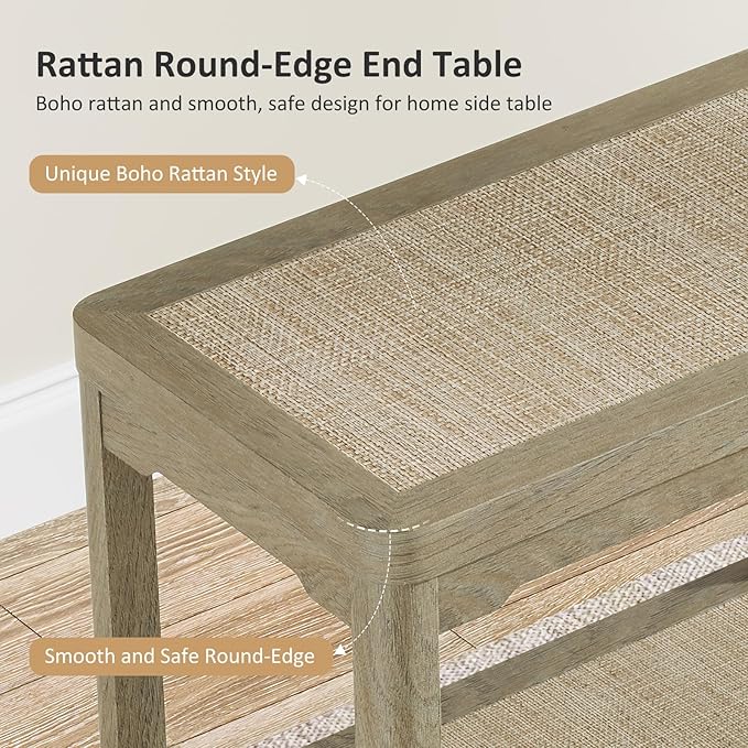Eclatara Rattan Night Stand Set of 2 - Farmhouse 2 Tier End Table for Bedroom - Accent Side Table wtih Open Storage Shelves for Small Space Coffee Table, Light Oak