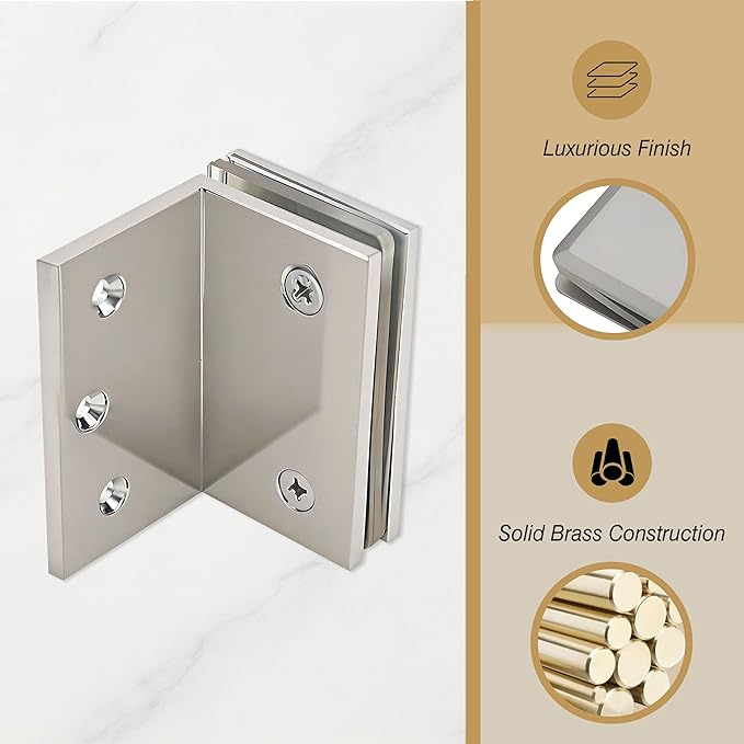 Glass Clamp, Heavy Duty Solid Brass Shower Clip for 5/16" to 1/2" (8-12mm) Glass, Wall or Floor Installation, Brushed Nickel