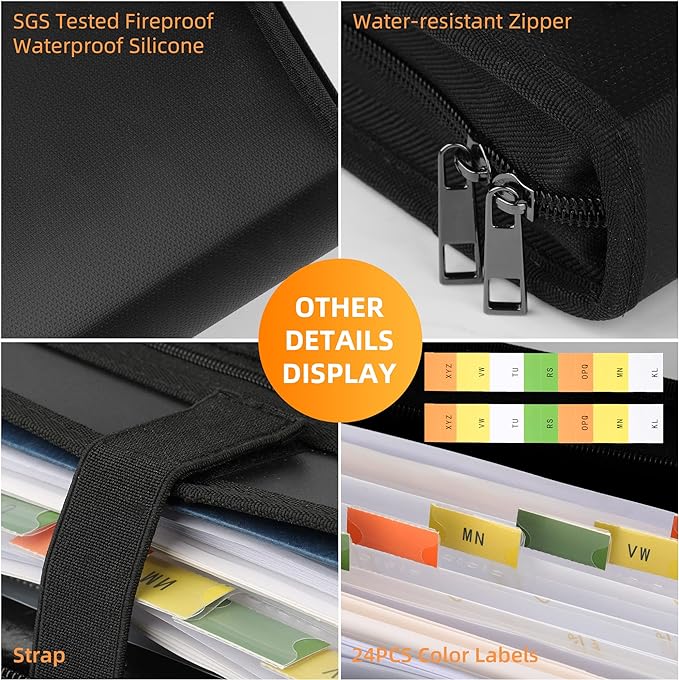 JUNDUN Accordion File Organizer - Fireproof Accordion Folder with Zipper & Labels - 13 Pocket Expanding File Folder with Multi-Pockets Document Organizer Folder for Letter A4 Files | Receipt and More