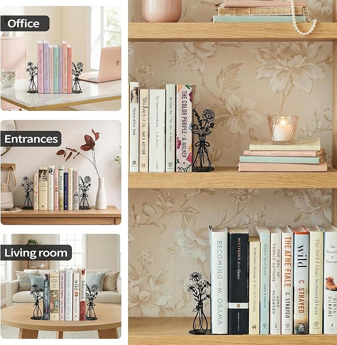 Flower Metal Bookends Decorative Book Ends for Shelves, Cute Book Ends for Home Office Decor Decorative Flower Vase Book Ends for Heavy Books, Book Stopper Ideal Gift for Mother's Day