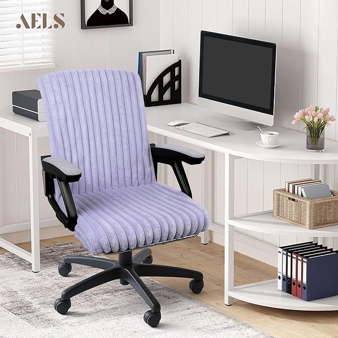 AELS Faux Fur Striped Office Chair Cover, Desk Chair Cover Computer Office Chair Covers - Fits Desk Chair/Armchair, Soft Breathable Fabric - Washable & Removable for Home & Office, Lilac
