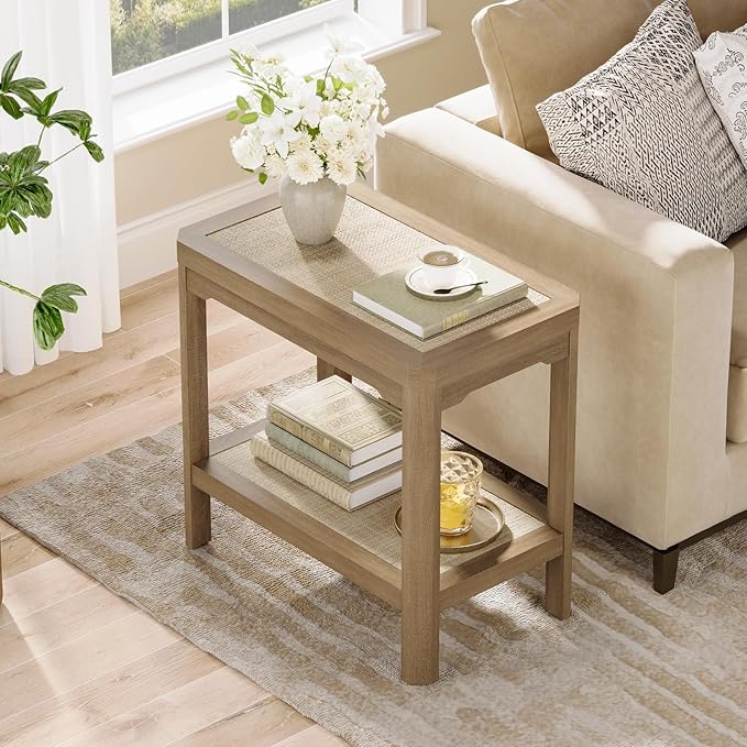 Eclatara Rattan Night Stand Set of 2 - Farmhouse 2 Tier End Table for Bedroom - Accent Side Table wtih Open Storage Shelves for Small Space Narrow Coffee Table Bamboo, Oak