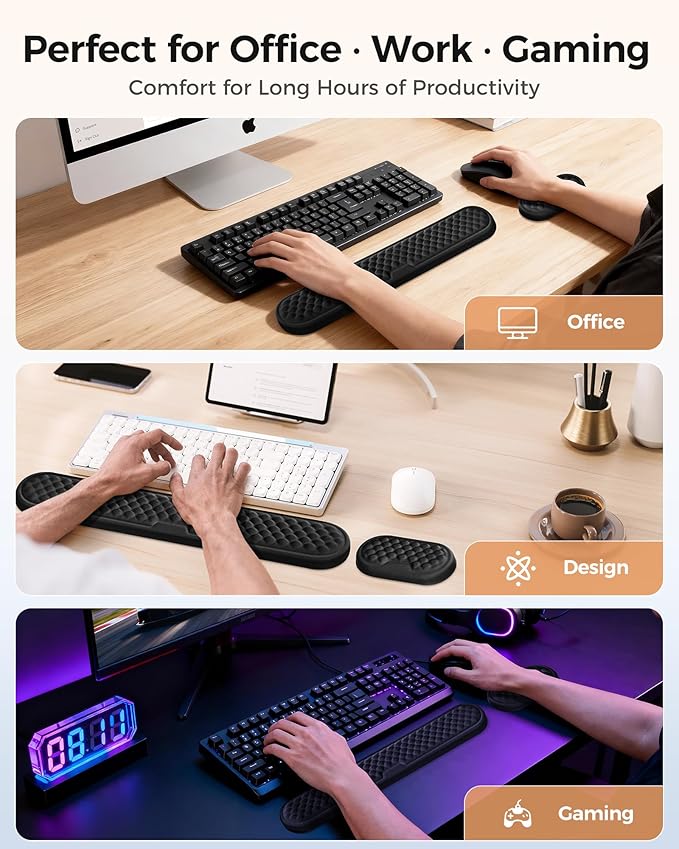 Wrist Rest Set for Keyboard and Mouse, Ergonomic Wrist Support with Soft Memory Foam, Silky Lycra Cover, Non-Slip Base (Dark Black)