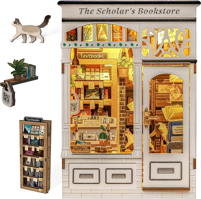 Fsolis Book Nook Kit - DIY Miniature Kit Booknook 3D Wooden Puzzles for Adults Tiny Building House Mini Bookshelf Diorama, Bookish Gifts for Women Book Lovers Readers (The Scholar's Bookstore)