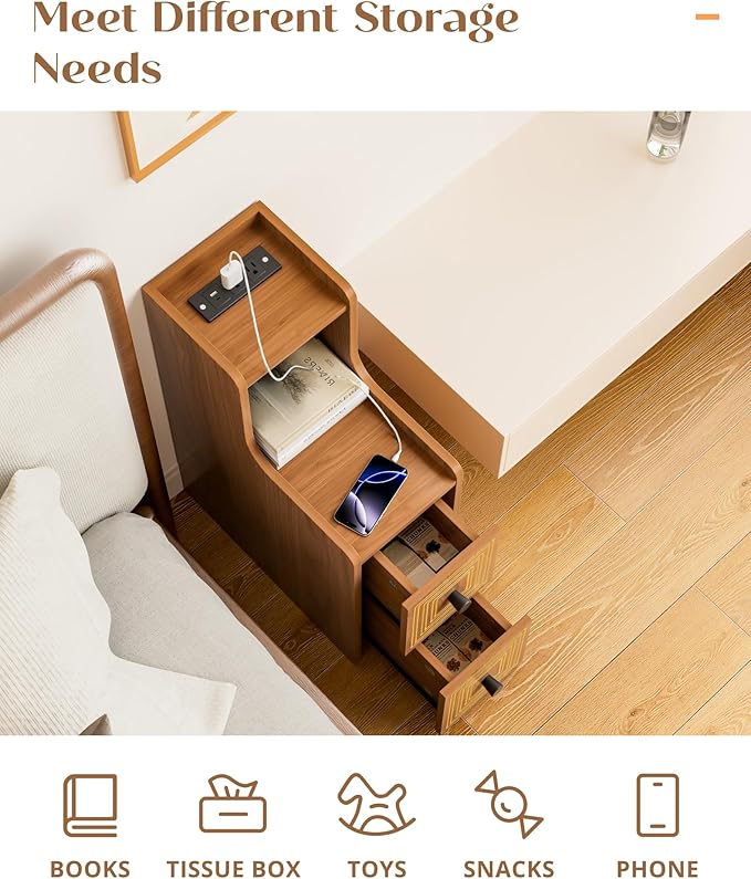 Set of 2 Narrow End Table with Charging Station, Slim Side Table with Gilt Line, Mid Century Modern Nightstand with Drawers for Living Room, Walnut