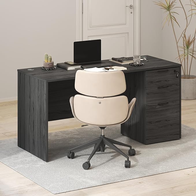 Furinno Roger 60 Inch Executive Desk with File Cabinet, Home Office Desk with 3-Drawer Fixed Pedestal Filing Cabinet, Desk Cord Grommet, for Home Office, Coastal Grey