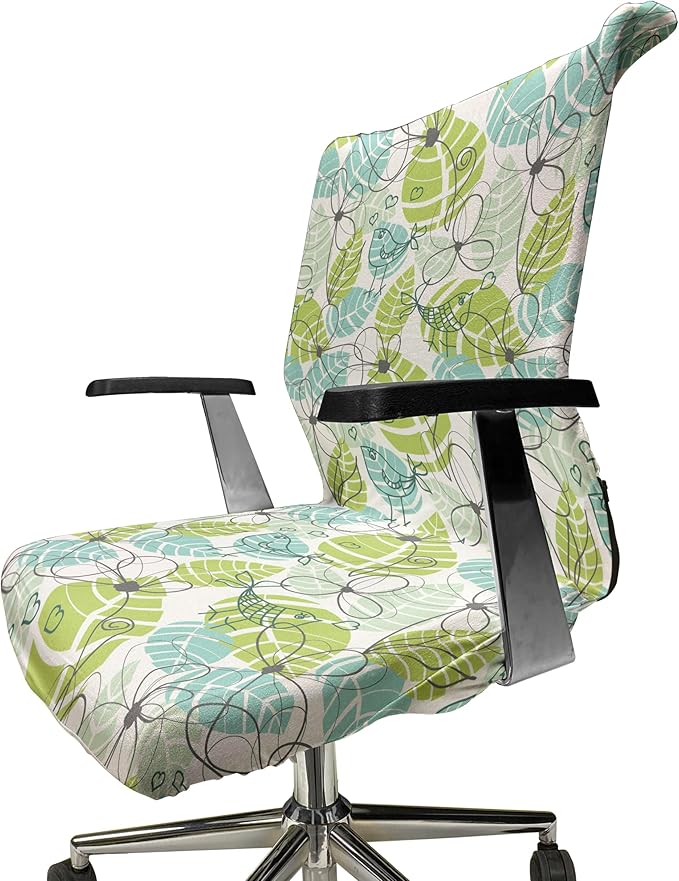 Ambesonne Leaves Office Chair Cover, Doodle Birds and Flowers with Foliage Hearts Ornamental Print, Stretchable Decorative Universal Size High Back Printed Slipcover, Charcoal Dimgrey