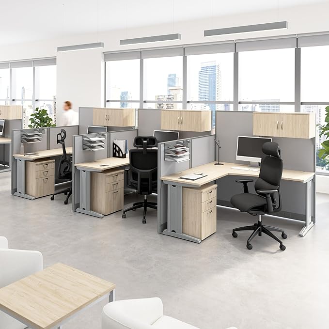 Bush Business Furniture 3 Person L Shaped Cubicle Desks with Storage, Drawers, and Organizers, Office in an Hour Collection, Natural Elm