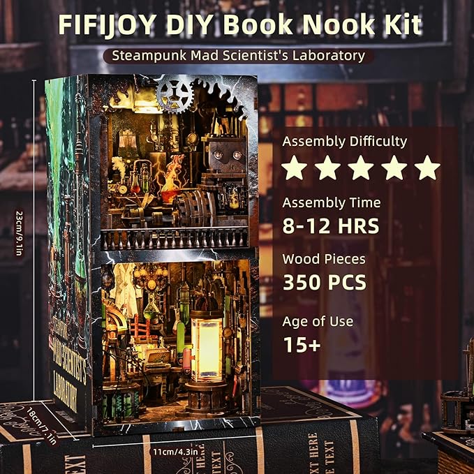 fifijoy Book Nook Kit, DIY Miniature Dollhouse Booknook Kit, 3D Wooden Puzzle Bookend Bookshelf Insert Decor with LED Light for Teens and Adults (Steampunk Mad Scientist Laboratory)
