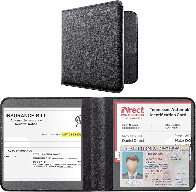 CoBak Car Registration and Insurance Holder - Men and Women Small Lightweight Vehicle Glove Box Car Organizer, Auto Truck Comparment Accessories Case for Essential Document, Driver License (Black)