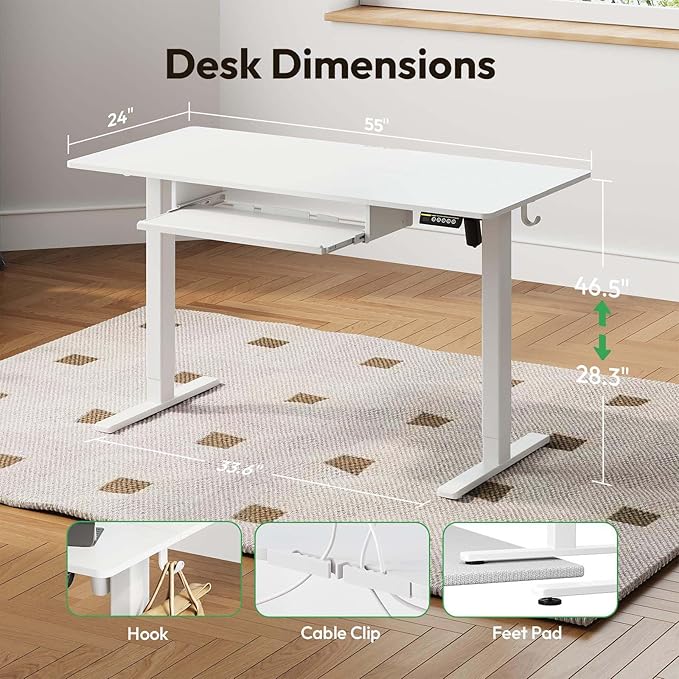 Electric Standing Desk with Keyboard Tray,55x24 inches Adjustable Height Stand Up Desk,3 Preset Heights,Equipped with Hooks,Raising Desks for Home Office and Computer Workstation,White