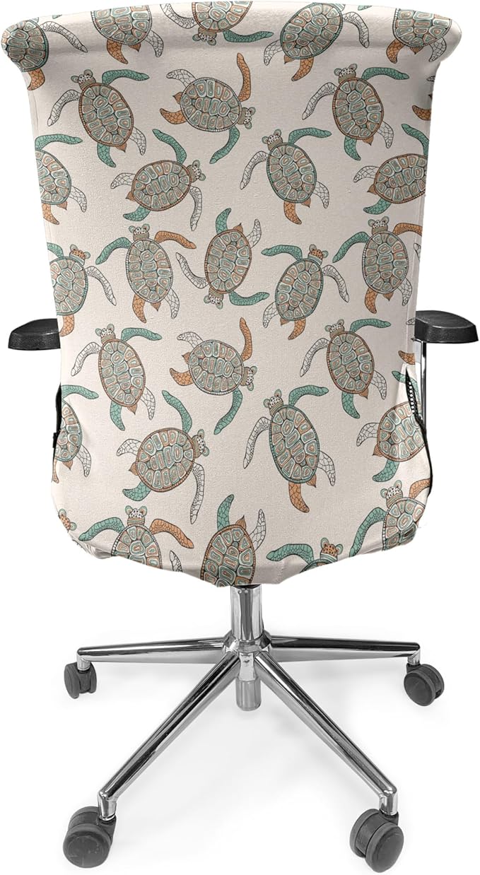 Ambesonne Ethnic Office Chair Cover, Illustration of Traditional Turtle with Geometric Motifs, Stretchable Decorative Universal Size High Back Printed Slipcover, Peach Seafoam