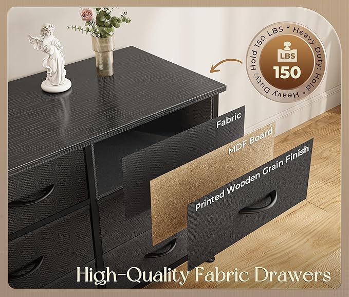 Huuger 77.6" Long Dresser for Bedroom, 16 Drawer Fabric Dresser for Closet, Wide Chest of Drawers with Storage, TV Stand for 65, 75, 85 Inch TV, 77.6" W x 12.9" D x 26.7" H, Black