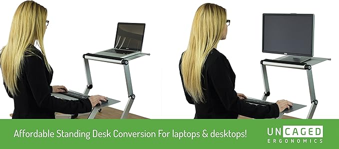 WorkEZ Standing Desk Conversion Kit with 2 fans & 3 usb ports. Perfect Laptop Sit to Stand Converter Ergonomic Adjustable Height & Angle Negative Tilt