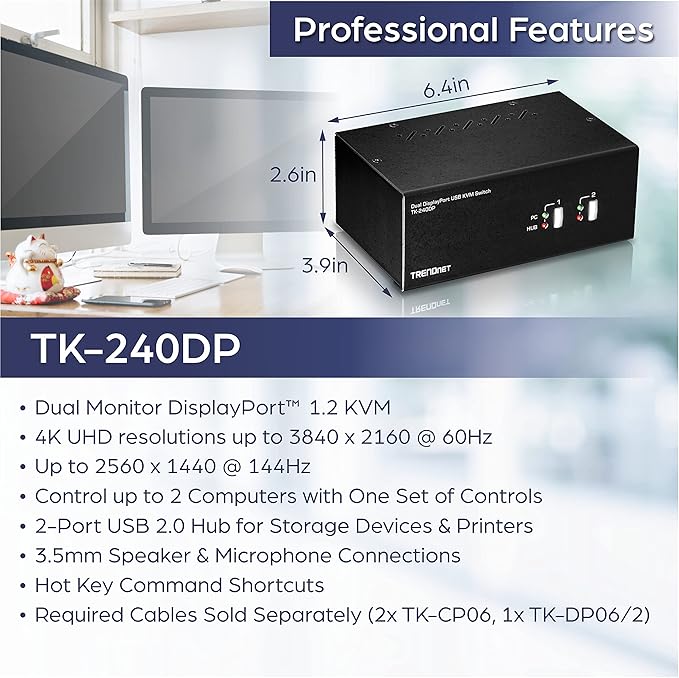 TRENDnet 2-Port Dual Monitor DisplayPort KVM Switch with Audio, 2-Port USB 2.0 Hub, 4K UHD Resolutions Up to 3840 x 2160, Connect Two DisplayPort Monitors, Dual Monitor KVM Switch, Black, TK-240DP
