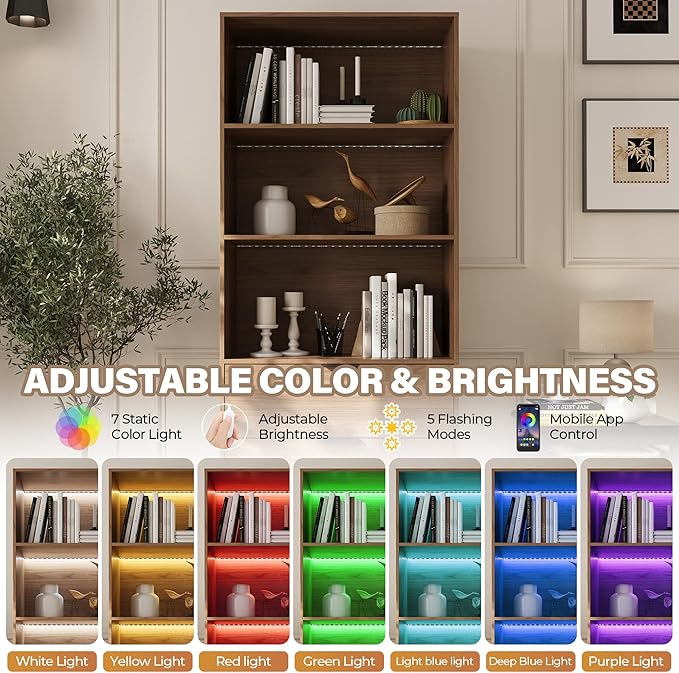 Mekminop 78.7" H Bookshelf with Drawers and LED Light, Bookshelf and Bookcase with 3-Tier Open Shelves, Tall Bookcase Tall Storage Cabinet for Home Office Living Room