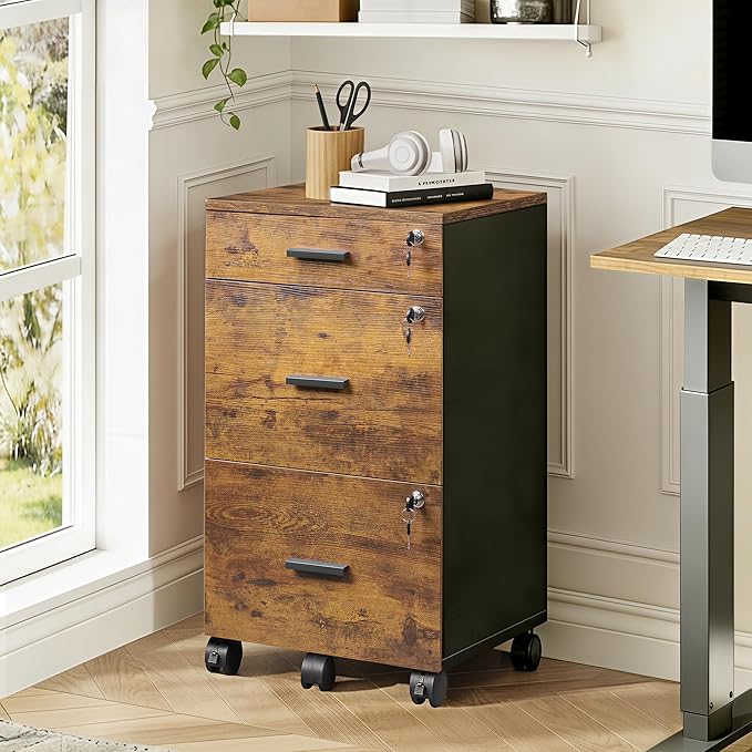 DEVAISE 3 Drawer File Cabinet with Lock & Wheels, Wood Printer Stand, Mobile Filing cabinets for Home Office, Fits Letter/A4 Size, Rustic Brown