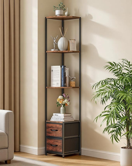 Housolution Corner Shelf Stand with Storage, 63.4'' Tall 6-Tier Corner Bookshelf Includes Fabric Drawers, Freestanding Corners Storage Shelf for Living Room Bedroom Kitchen Bathroom (Black + Brown)