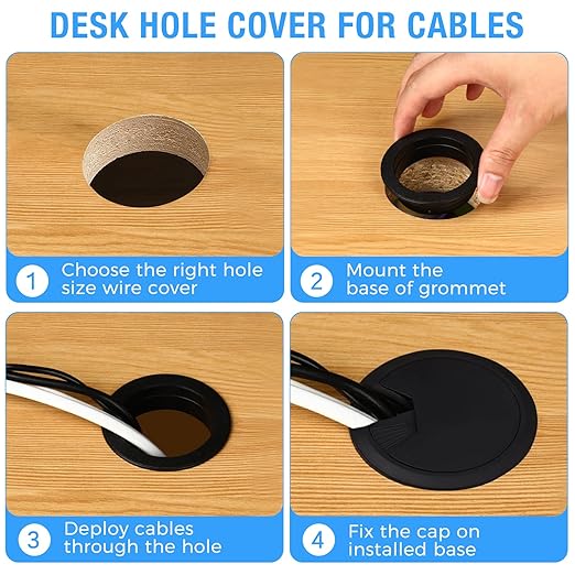 Desk Grommet 2-1/16" (53 mm), Desk Cord Hole Cover, Cable Grommet ABS Plastic, Desk Hole Grommet for Office and Home Table Cable, Detachable Adjustable Cable Cord Organizer (Black 4 Pcs)
