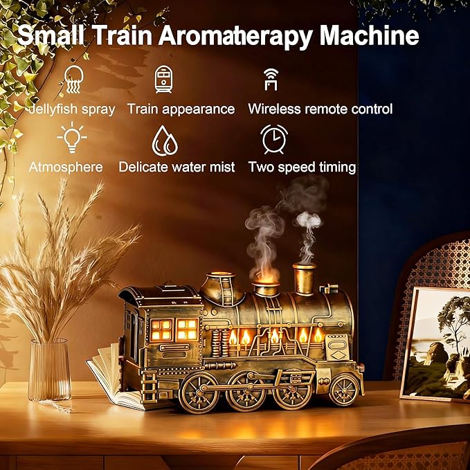 Mother's Day Train Humidifier 300ml, Dual Mist Outlets Cool Mist Diffuser with 2/8H Timer, for Aromatherapy & Air Humidity, Desktop Decor(Bronze)