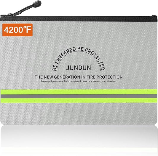 JUNDUN Fireproof Money Bag, 10.6"x6.7" Waterproof and Fireproof Cash Bag with Zipper Closure,Fireproof Safe Storage Pouch Envelope for Money,Cash and Passport,Silver
