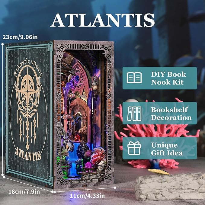fifijoy Book Nook Kit - Atlantis DIY Miniature House Dollhouse Kit for Adults and Teens, 3D Wooden Puzzle Bookend Bookshelf Insert Decor with LED Light, Gifts for Family and Friends